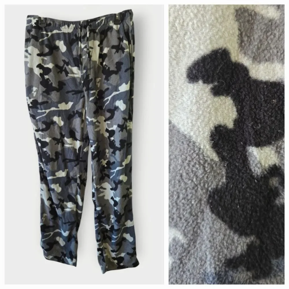 Hanes Men’s Fleece Sleep Pants Gray Camo Pajama Bottoms Large Lounge Pocket PJs
